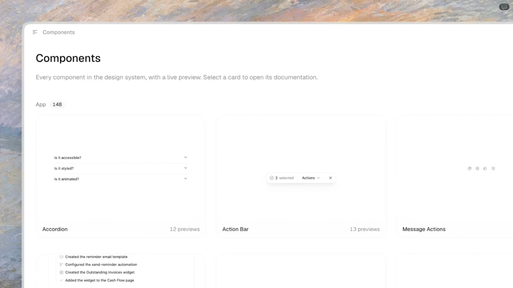 The Eno component catalog: a grid of cards, each a live preview of a component (Accordion, Action Bar, Message Actions) with its number of examples.
