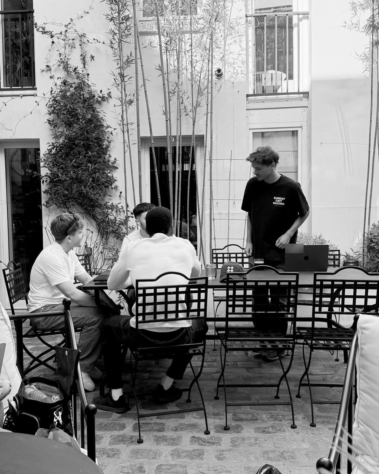 Launch week, a working session in the courtyard